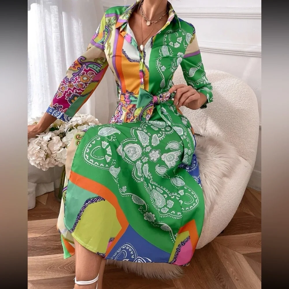 Boho floral print belted shirt dress - Picture 2 of 6